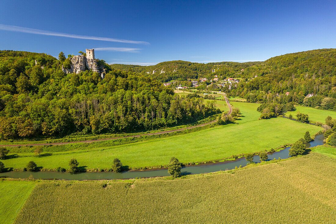 The Neideck castle ruins in Franconian Switzerland seen from the air, Streitberg, Wiesenttal, Bavaria, Germany