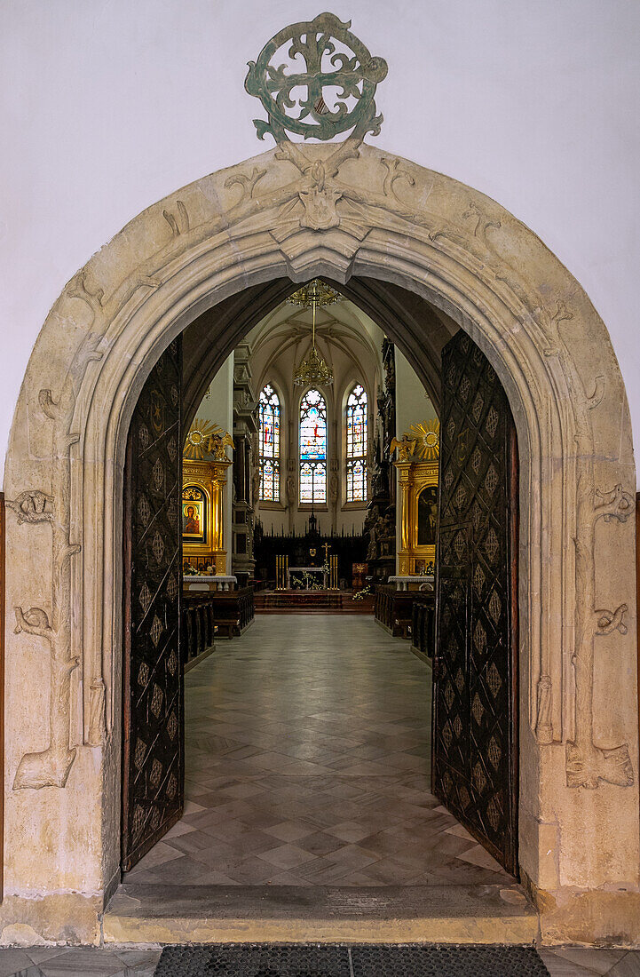 Tower portal and view of the interior of the cathedral (Bazylika Katedralna) in Tarnów in the Malopolskie Voivodeship in Poland