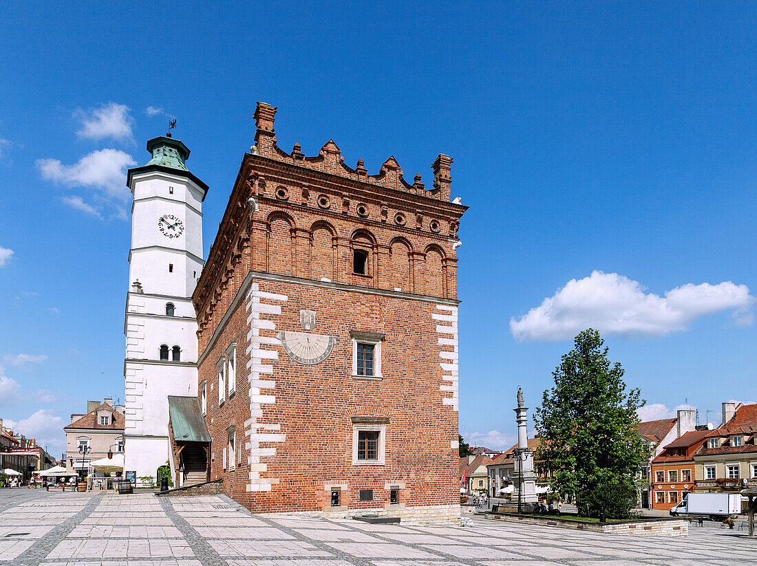 Rynek with town hall (Ratusz) and anchor sculpture in Sandomierz in Podkarpackie Voivodeship of Poland