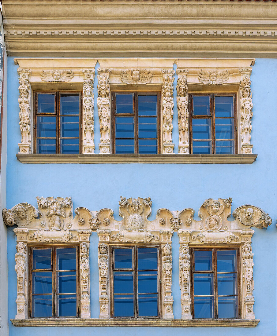 Konopnica House (Konopnica House, Konopnitz House, Kamienica Konopniców) with Renaissance stucco at Rynek 12, east side in Lublin in Lubelskie Voivodeship of Poland