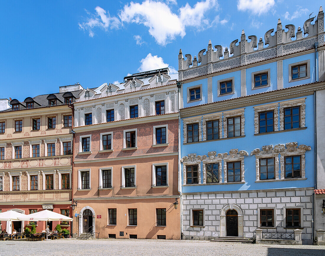 Rynek east side with House Konopnica (Konopnica House, Konopnitz House, Kamienica Konopniców) with Renaissance stucco at Rynek 12 in Lublin in Lubelskie Voivodeship in Poland