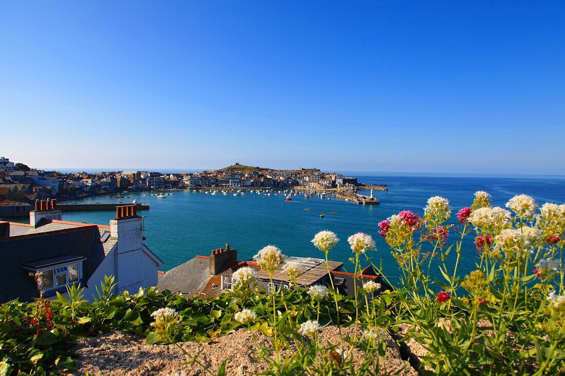 Blick auf die Bucht von St. Ives, Cornwall, England, Großbritannien