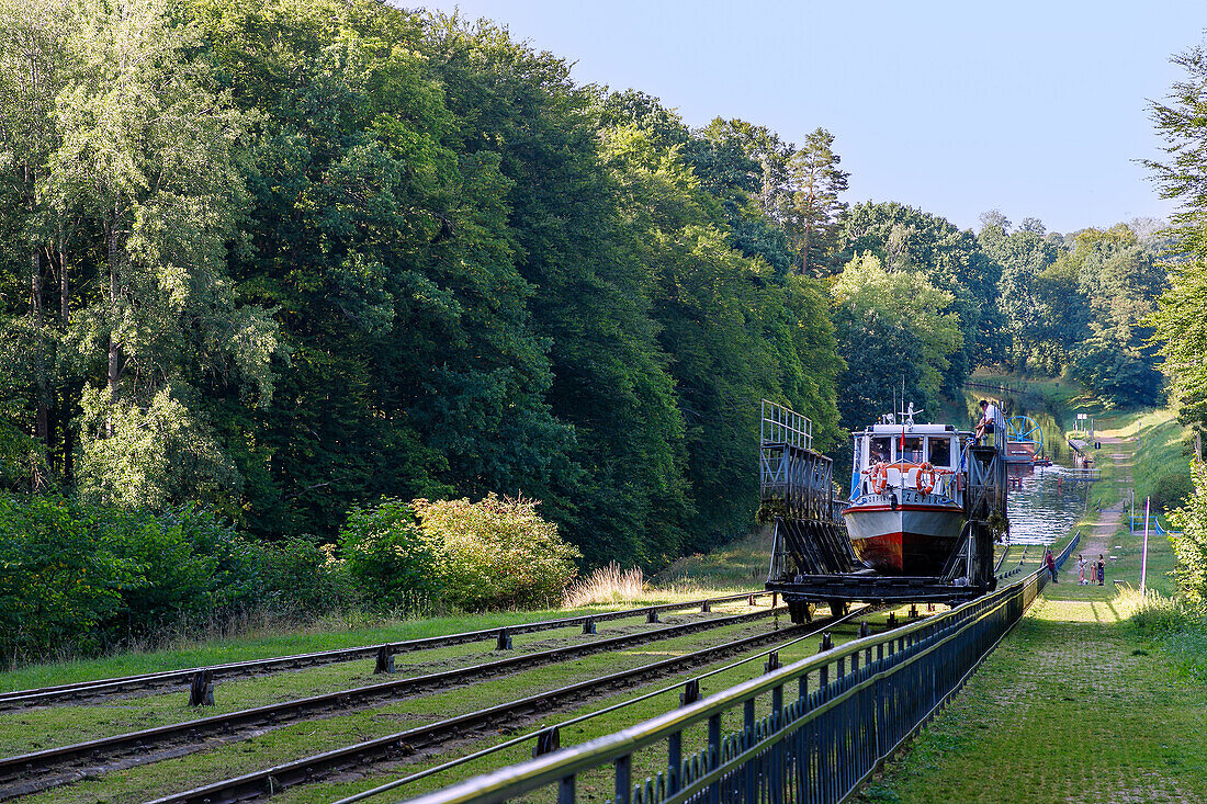 Oberland Canal (Oberlandkanal, Kanał Elbląski) with the Pochylnia Buczyniec (Buchwalde) ship railway in the Masuria (Mazury) in the Warmińsko-Mazurskie Voivodeship in Poland