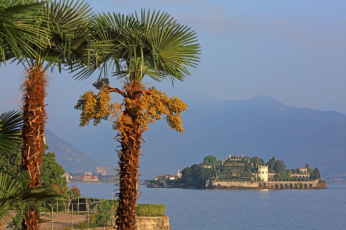 View from the beach promenade of the spa town of Stresa to the baroque garden of Isola Bella in Lake Maggiore, Piedmont, Italy
