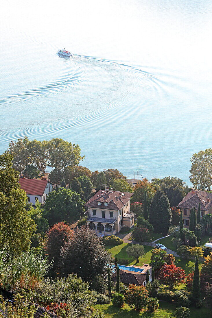 View from the Rocca di Angera castle of the Visconti family over the town of Angera and Lake Maggiore, Lombardy, Italy