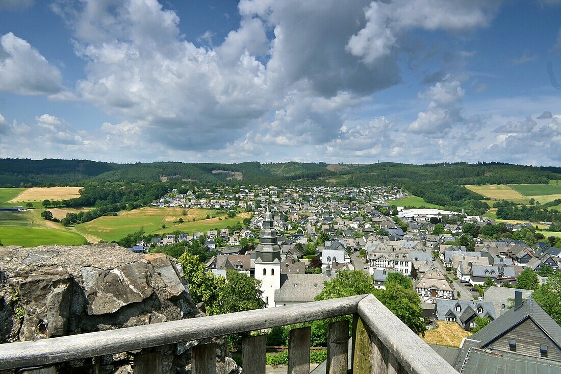 View from the ruined tower over Eversberg in northern Sauerland, NRW, Germany