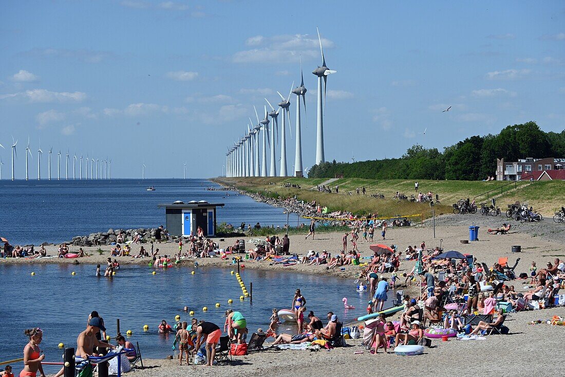 Beach with wind turbines at the Urk lighthouse on the Ijsselmeer, Netherlands