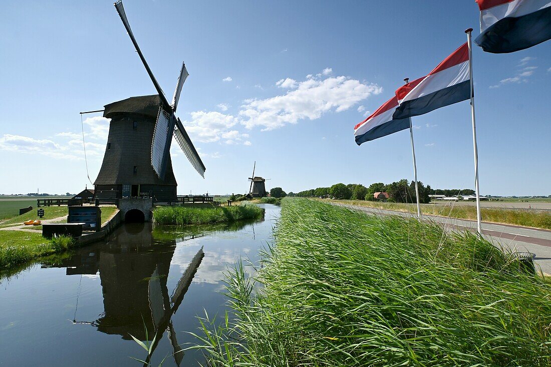 Windmills in the Schermer near Alkmaar, North Holland, on the IJsselmeer, The Netherlands