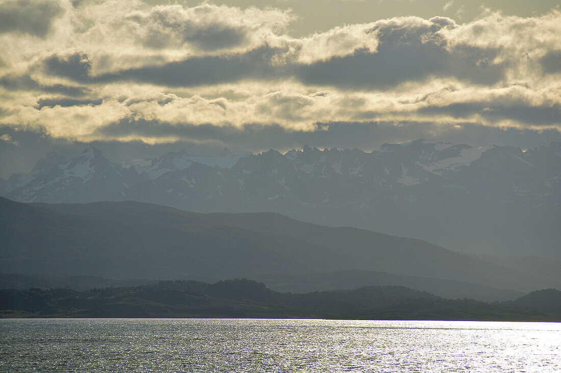 Argentina; Province of Tierro del Fuego; on the border with Chile; Beagle Channel; Mountain peaks of Isla Navarino in Southern Chile