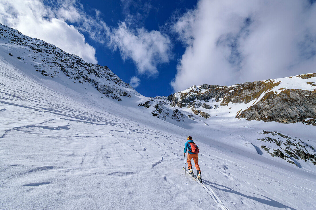 Woman on ski tour climbs to Grinbergspitze, Grinbergspitze, Tuxer Kamm, Zillertal Alps, Tyrol, Austria