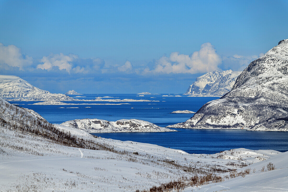 Blick vom Brosmetind auf Fjordlandschaft, Brosmetind, Kvaloya, Troms og Finnmark, Norwegen