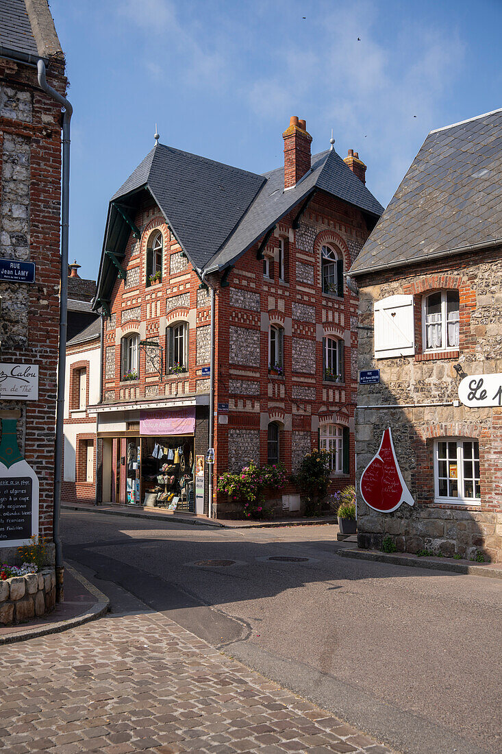 France, Seine Maritime, Pays de Caux, Côte d'Albatre (Alabaster Coast), Veules les Roses, The most beautiful villages in France, the village of Veules les Roses is crossed by Veules, the famous river for the short length of its course (1100 m), View of facades and alleys.