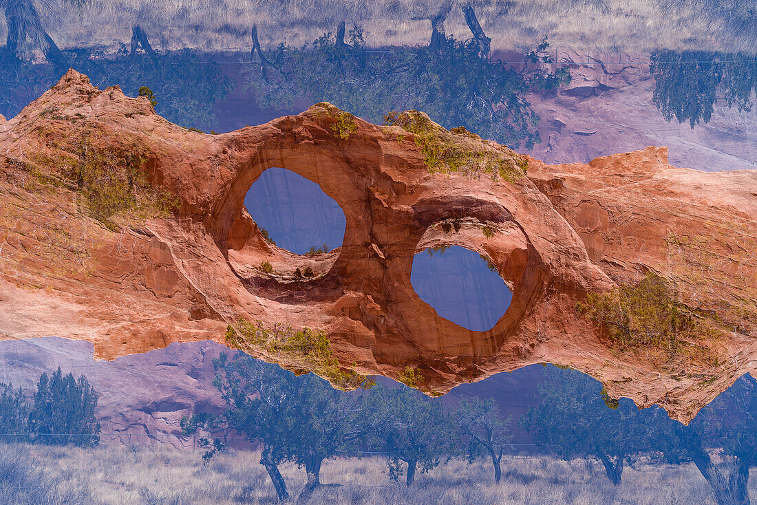 Doppelbelichtung der Window Rock-Formation, Arizona, USA