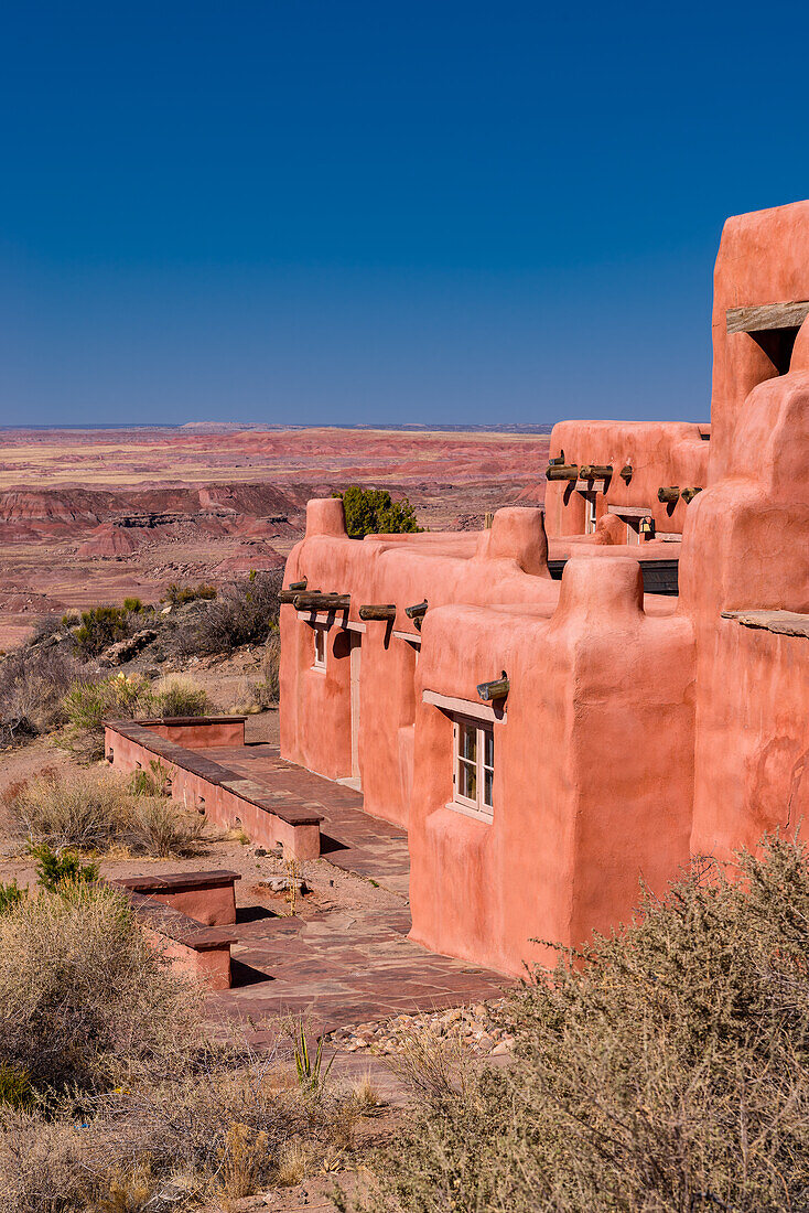 Historical adobe style hotel in Petrified Forest National Park in Arizona.