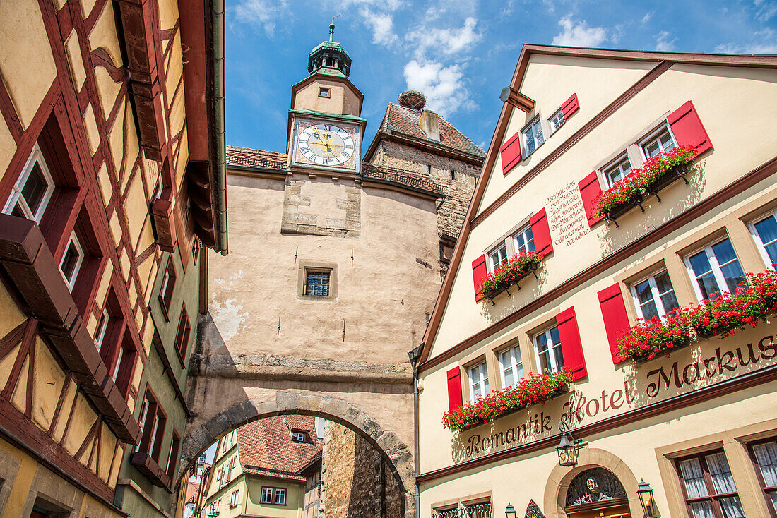 St. Mark's Tower and historical buildings in Rothenburg ob der Tauber, Middle Franconia, Bavaria, Germany