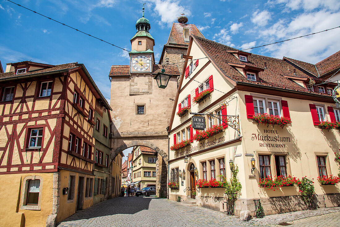 St. Mark's Tower and historical buildings in Rothenburg ob der Tauber, Middle Franconia, Bavaria, Germany