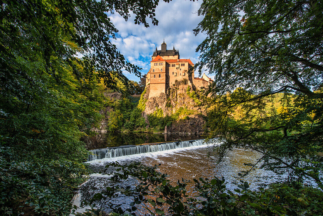 View over the Zschopau to Kriebstein Castle in the evening light, Saxony, Germany