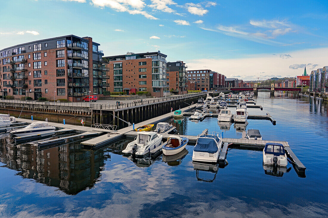 Norwegen, Provinz Trøndelag, Trondheim, Bootshafen am Fluss Nidelva und Stadtblick