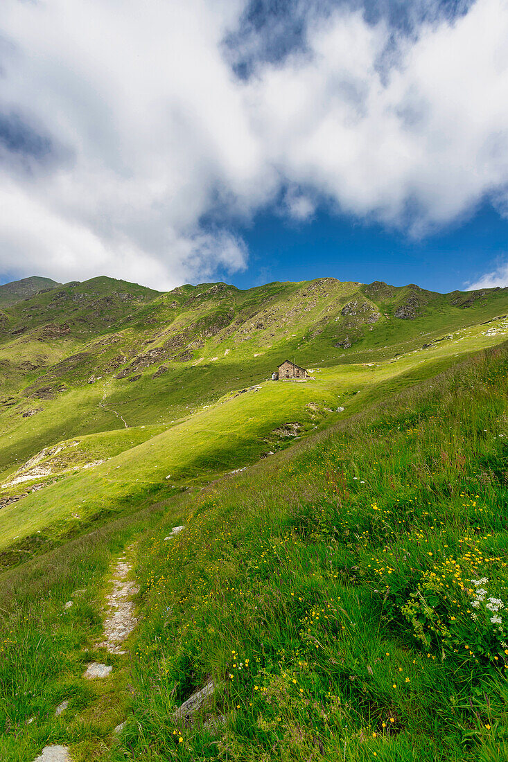 Die idyllische Landschaft des Val Mastellone im Sommer, Rimella, Valsesia, Bezirk Vercelli, Piemont, Italien.