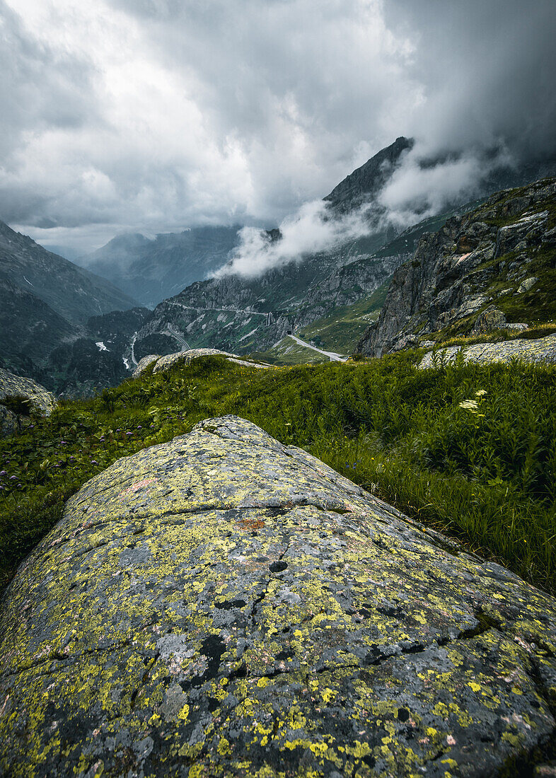 Foggy pass landscape, Susten Pass, Canton of Bern, Switzerland