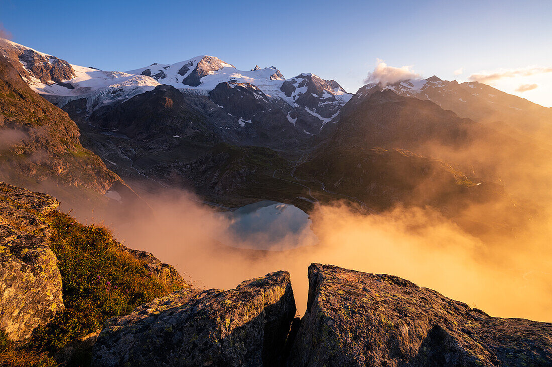 Golden mist on the top of the pass, Susten Pass, Canton of Bern, Switzerland