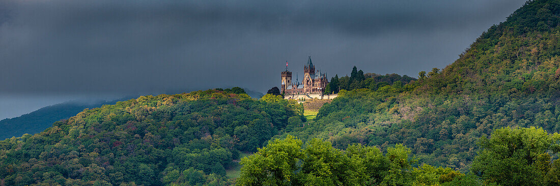 Drachenburg Castle in the Siebengebirge was only built in the 19th century by Stephan von Sarter as a private villa with a Gothic and Renaissance style, North Rhine-Westphalia, Germany
