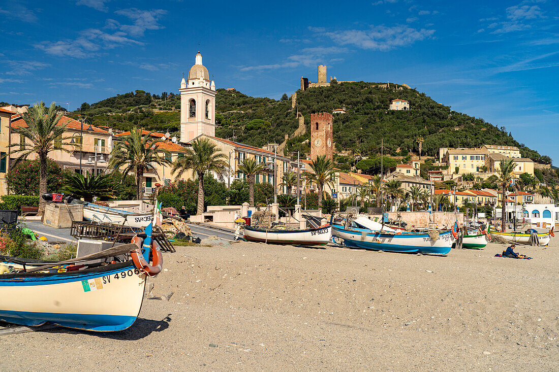 Fishing boats on the fishermen's beach of Noli, Riviera di Ponente, Liguria, Italy, Europe