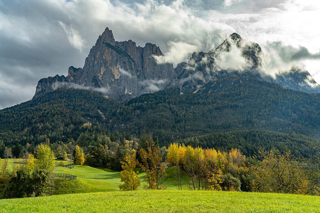 Autumn on the Schlern mountain in Siusi allo Sciliar, South Tyrol, Italy, Europe