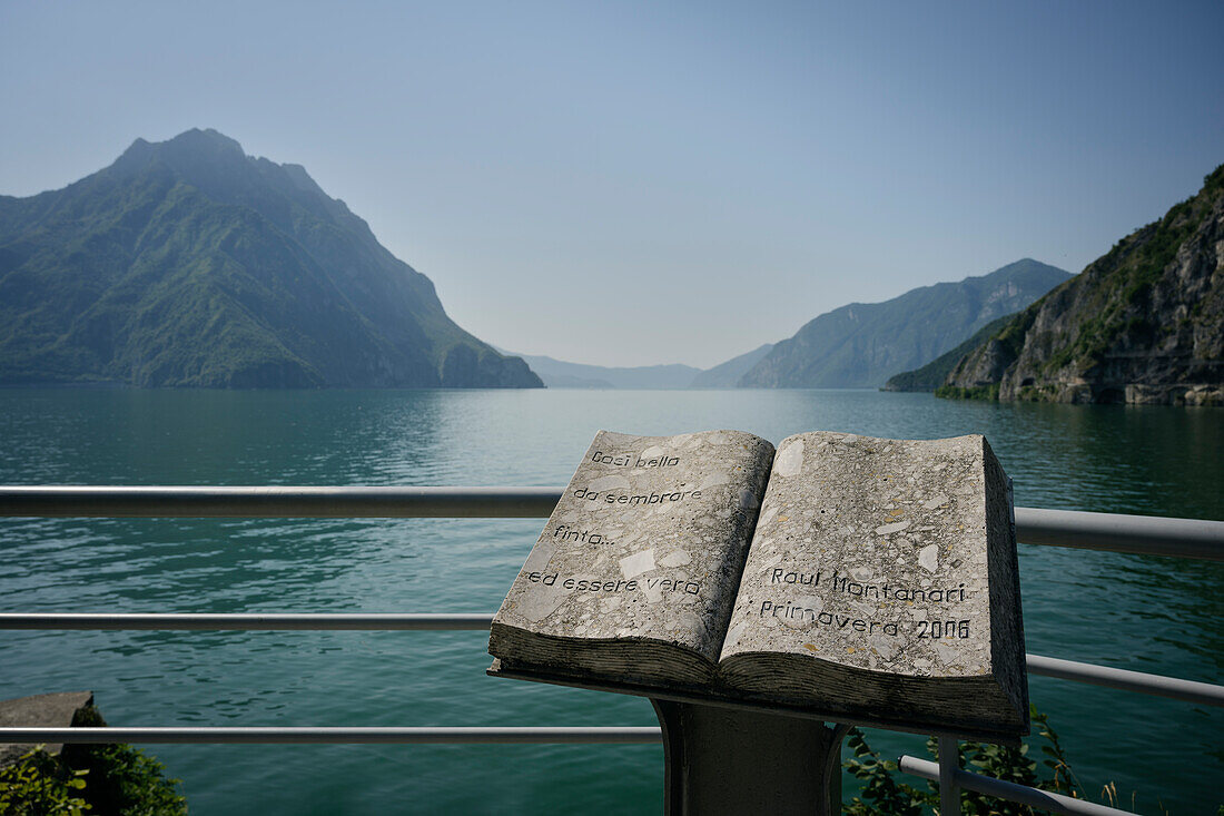 Sculpture &quot;Libro di Poetry&quot; near Castro, Lake Iseo (Lago d'Iseo, also Sebino), Brescia and Bergamo, Northern Italian Lakes, Lombardy, Italy, Europe