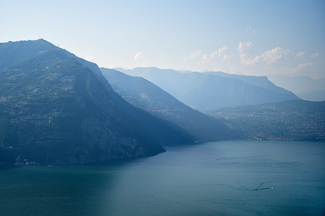 View from the island of Monte Isola to Lake Iseo (Lago d'Iseo, also Sebino), Brescia and Bergamo, Northern Italian Lakes, Lombardy, Italy, Europe