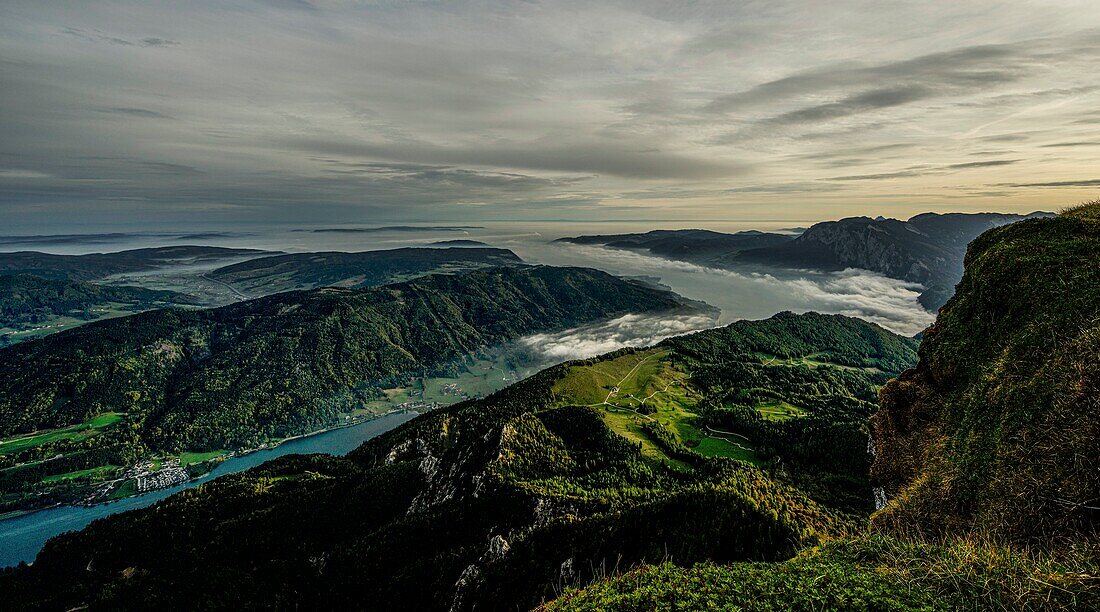 Early morning view from Schafberg of Lake Mondsee and the vastness of the Alpine landscape, Salzkammergut, Austria