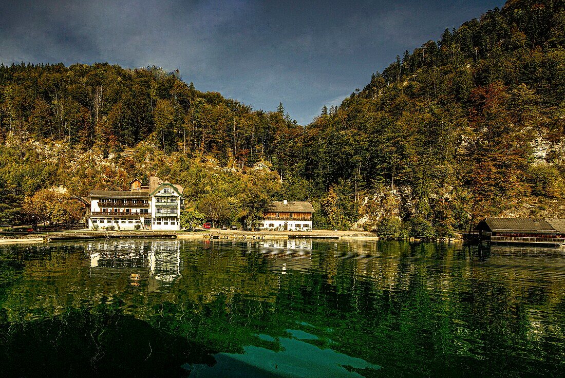 Fürberg forest bay with hotel settlement, bathing bay and lake promenade, Wolfgangsee, St. Gilgen, Salzburg state, Austria