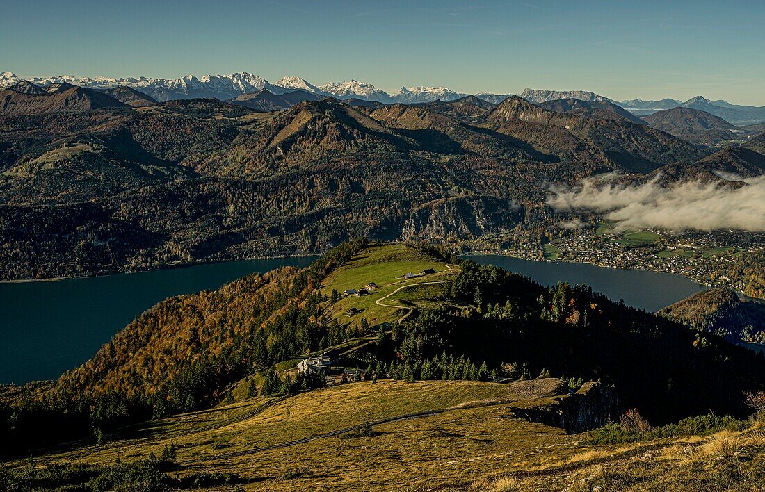 Blick am frühen Morgen vom Schafberg über die Almregion, auf St. Gilgen am Wolfgangsee und die Berge des Salzkammerguts, im Hintergrund das Dachsteingebirge, Österreich