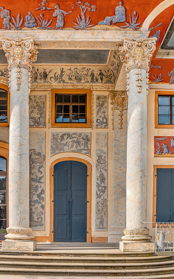 Historical wall painting in the Chinoiserie style at the Bergpalais, Pillnitz Castle, Dresden, Germany