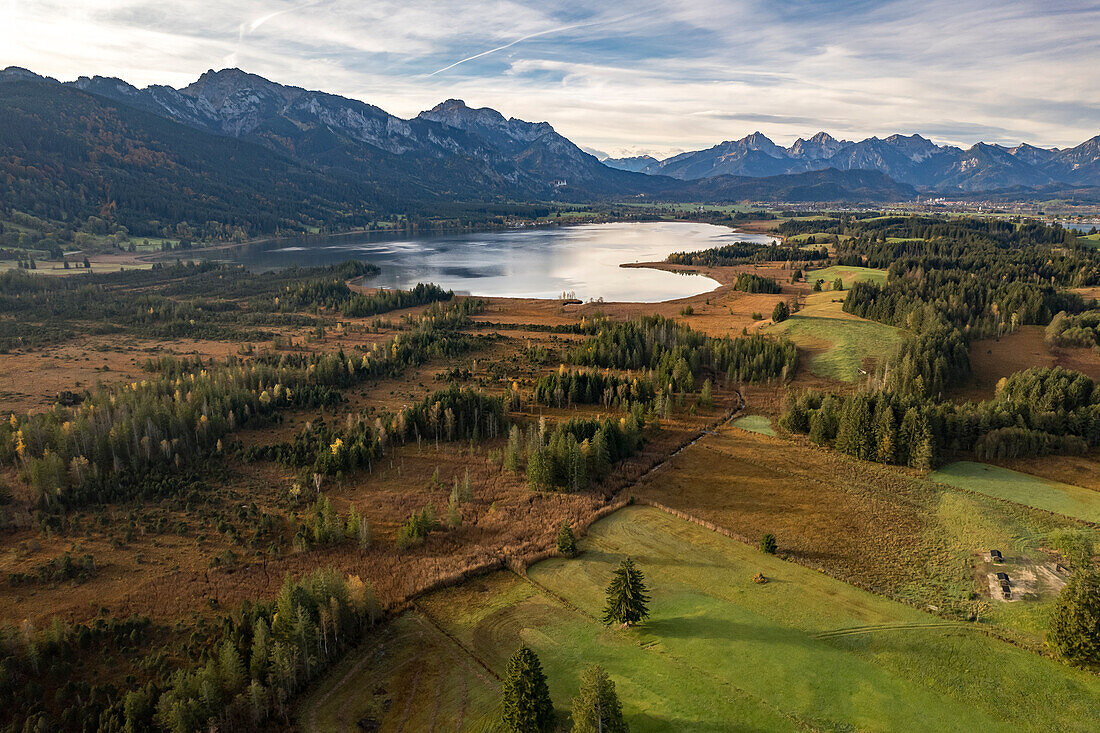 The Allgäu with Bannwaldsee and the Alps seen from the air, Schwangau, Allgäu, Bavaria, Germany