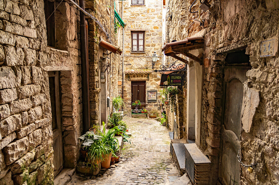 Gasse in der Altstadt von Apricale, Ligurien, Italien, Europa\n