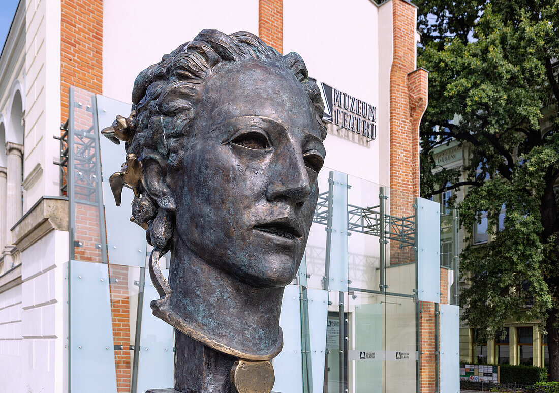 Head of Orpheus (Orfeusz) by Theodore of Gosen on Freedom Square (Plac Wolności, Plac Wolnosci) in front of the Theater Museum (Muzeum Teatru) in Wrocław (Wroclaw, Breslau) in the Dolnośląskie Voivodeship of Poland