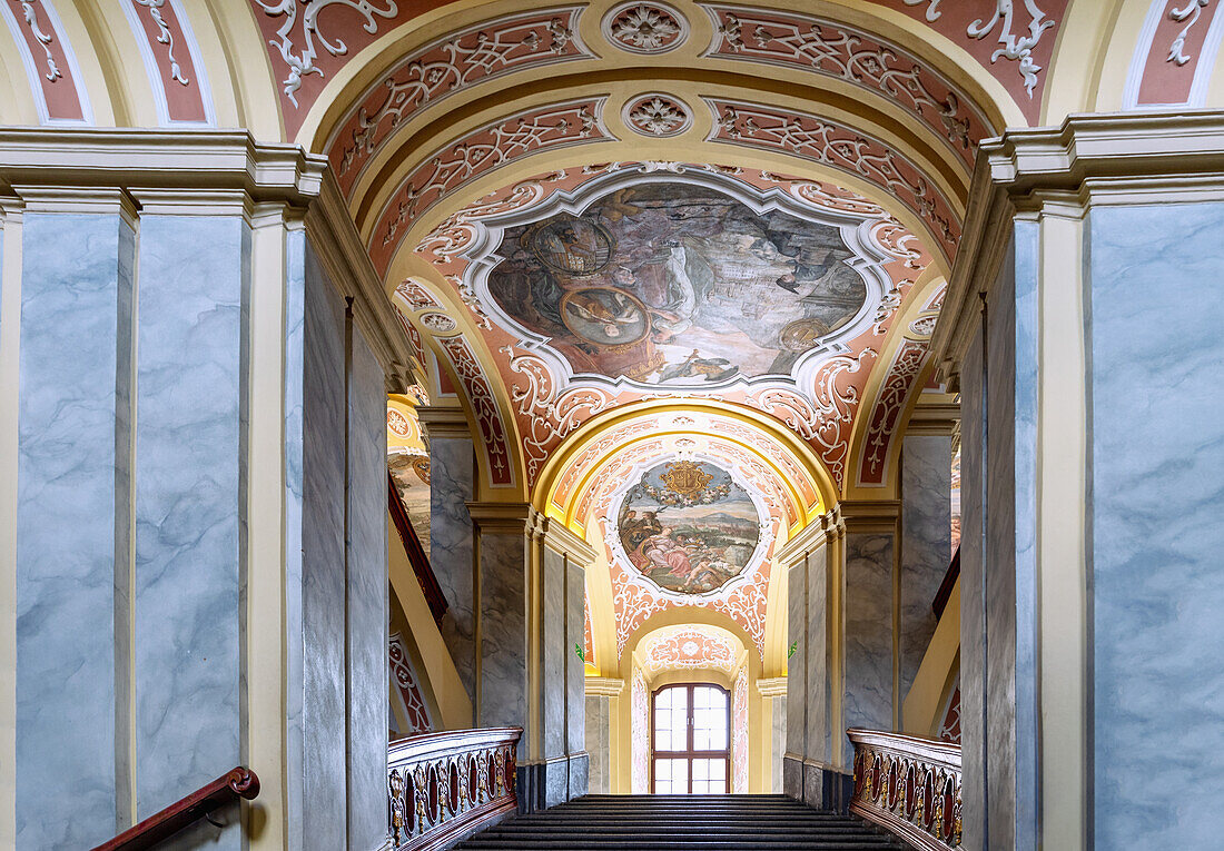 Baroque staircase in the University (Uniwersytet) in the University Quarter in the Old Town (Stare Miasto) of Wrocław (Wroclaw, Breslau) in the Dolnośląskie Voivodeship of Poland