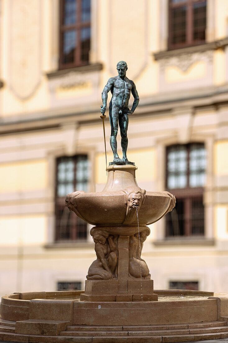 Fencing Fountain (Fontanna Szermierz) in front of the University (Uniwersytet) on University Square (Uniwersytecki) in the University Quarter in the Old Town (Stare Miasto) of Wrocław (Wroclaw, Breslau) in the Dolnośląskie Voivodeship of Poland