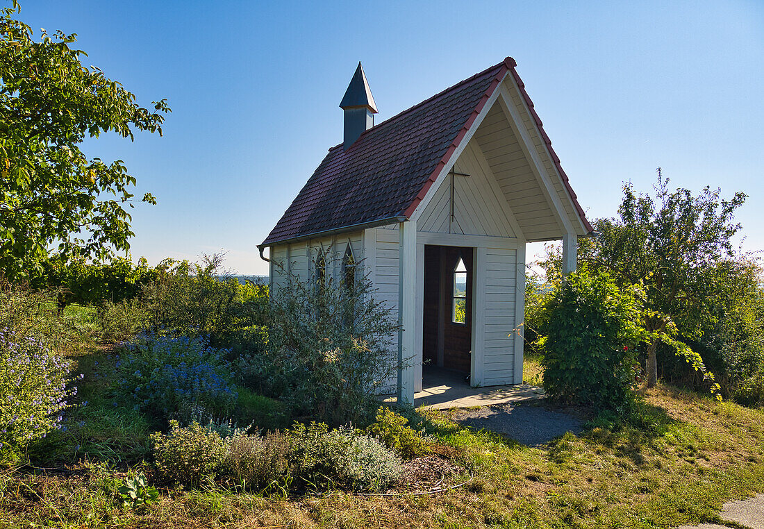 Kleine Kapelle in den Weinbergen auf der Weininsel bei Sommerach an der Vokacher Mainschleife, Landkreis Kitzingen, Unterfranken, Franken, Bayern, Deutschland