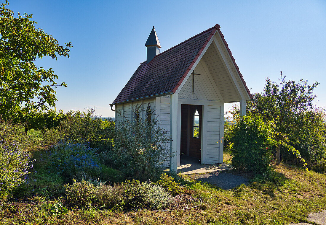 Small chapel in the vineyards on the wine island near Sommerach on the Vokacher Mainschleife, Kitzingen district, Lower Franconia, Franconia, Bavaria, Germany