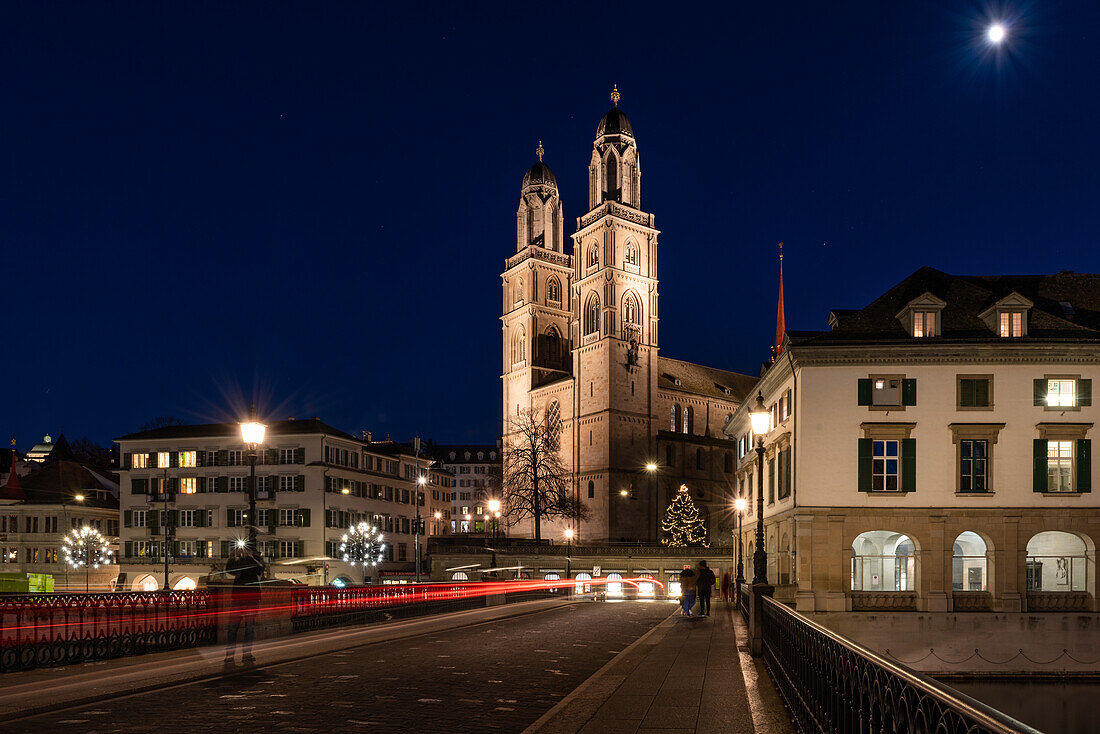 Zurich Grossmünster in the moonlight; Zurich, Switzerland