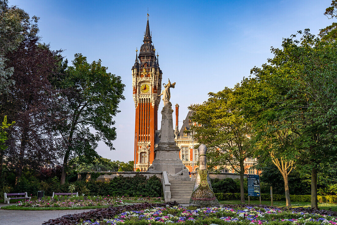 Park Parc Saint-Pierre and Belfry of the Town Hall in Calais, France