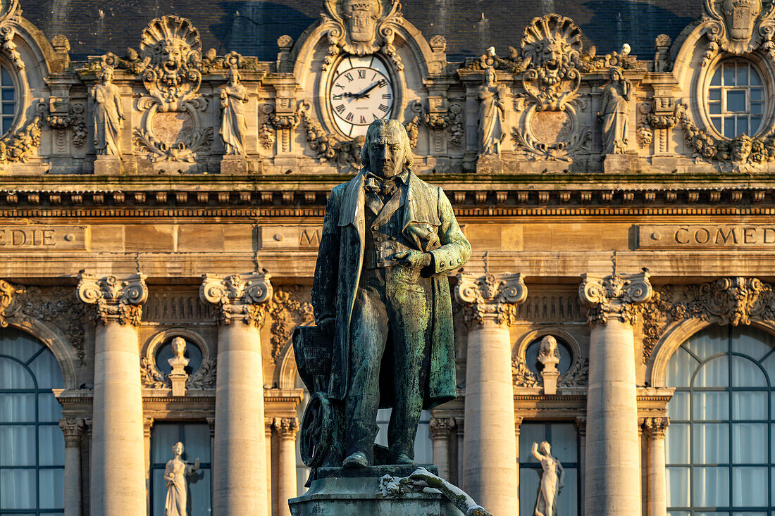 Statue of Joseph Marie Charles or Jacquard and the Theater of Calais, France