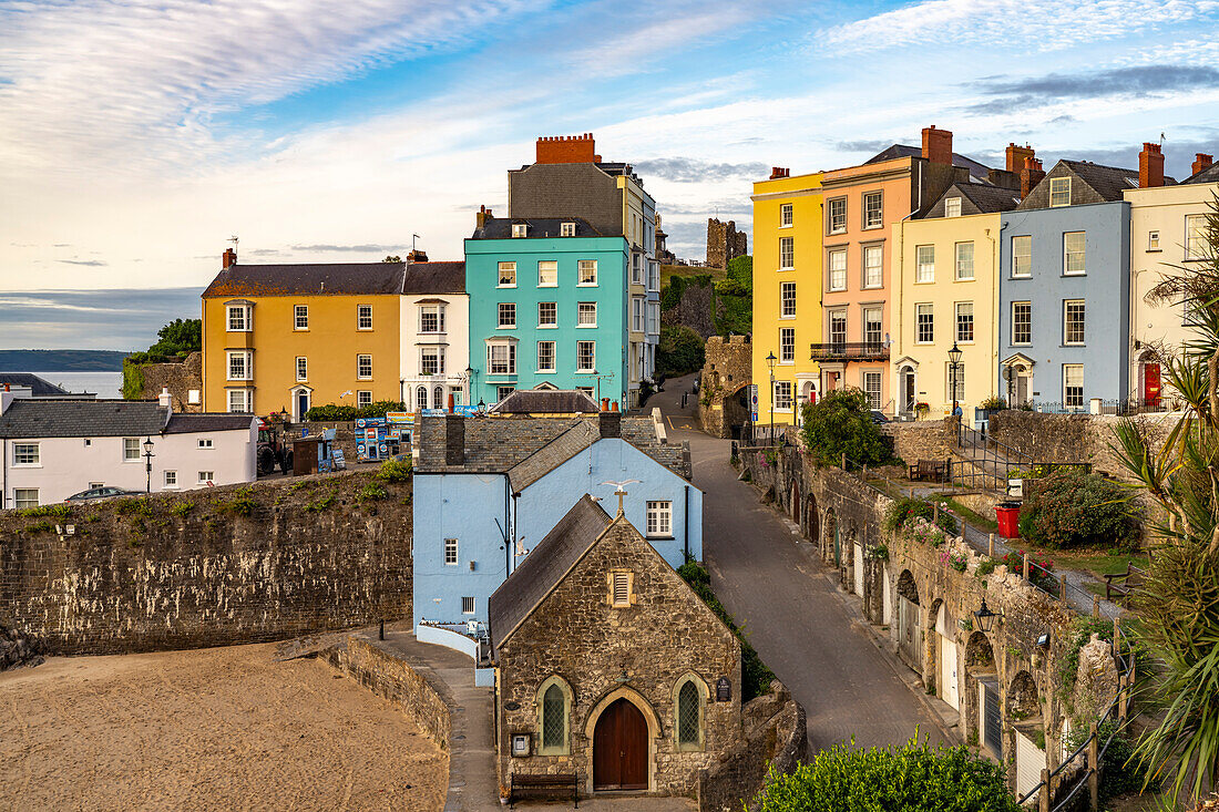St Julian's Chapel and the colorful houses of Tenby, Wales, Great Britain, Europe