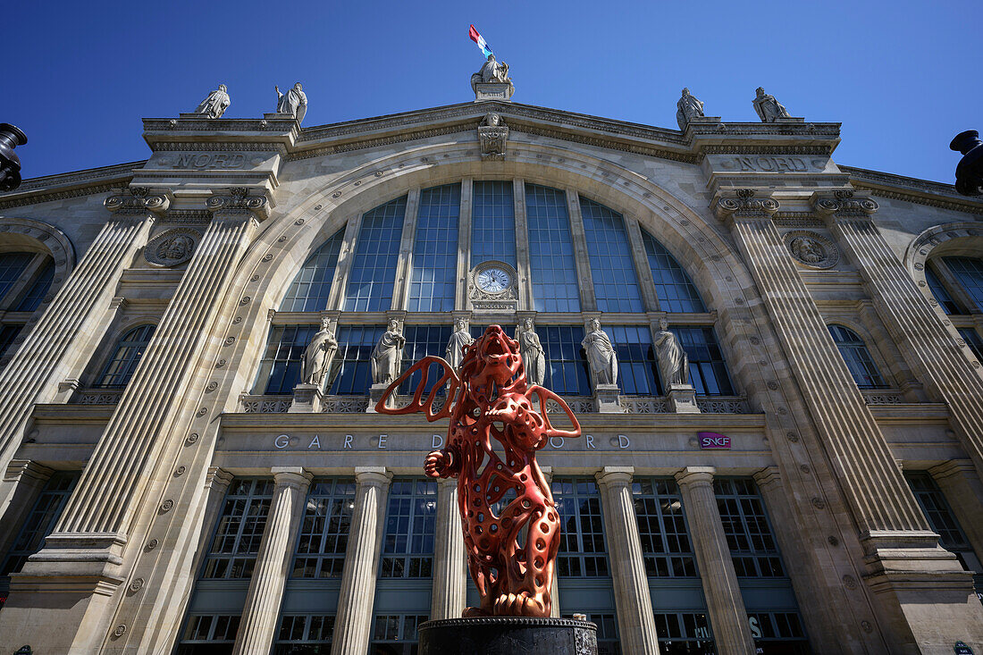 Gare du Nord train station in Paris with Angel Bear sculpture, Île-de-France, France, Europe