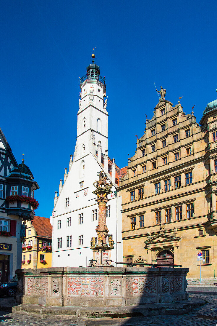 Rothenburg ob der Tauber, town hall square, with Geogsbrunnen, romantic street, Bavaria, Germany