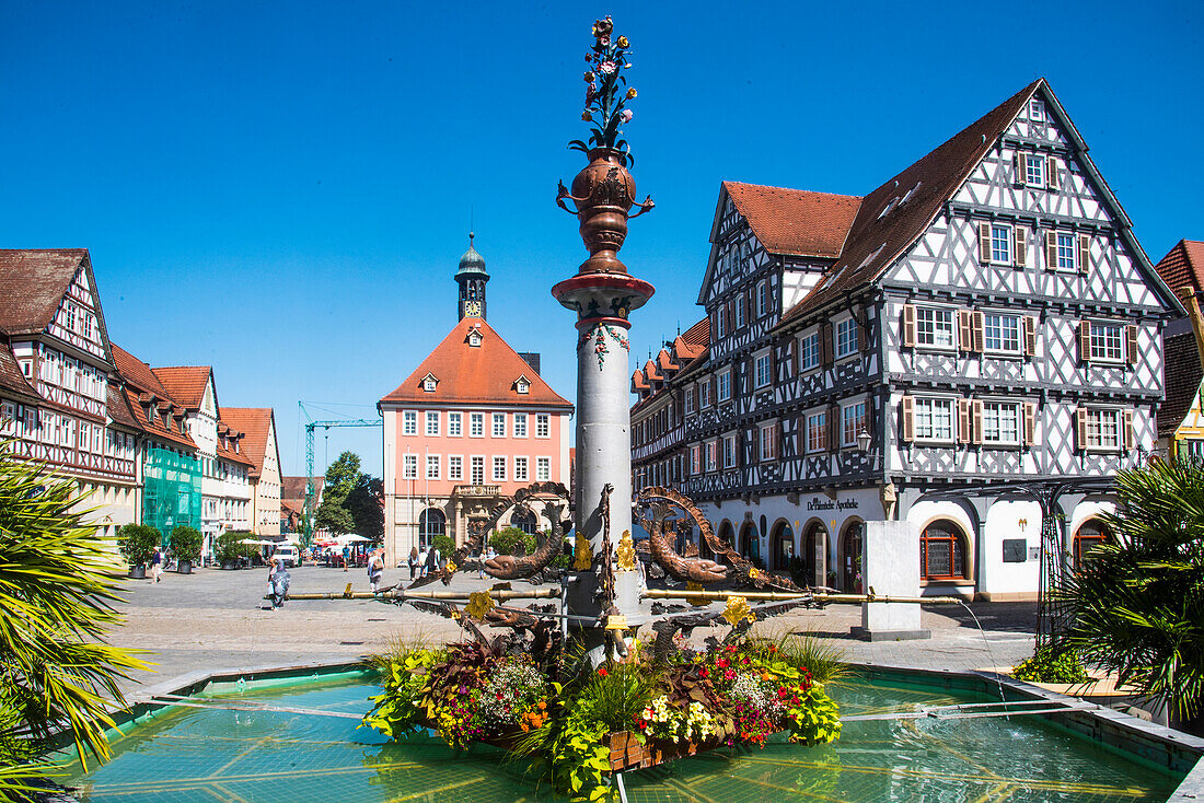Marktbrunnen und Marktplatz mit Rathaus und der Denkmalgeschützten Palmschen Apotheke, Schorndorf, Baden Württemberg, Deutschland