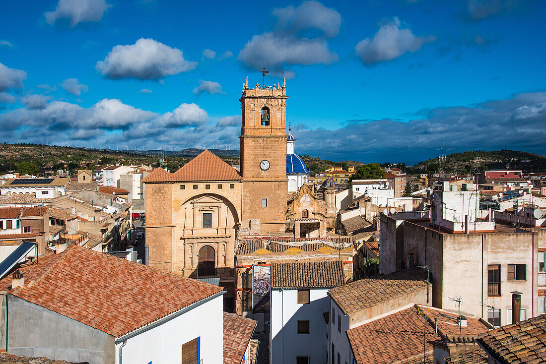 Ayora, Mancha, town with church, view from Castilio, Spain