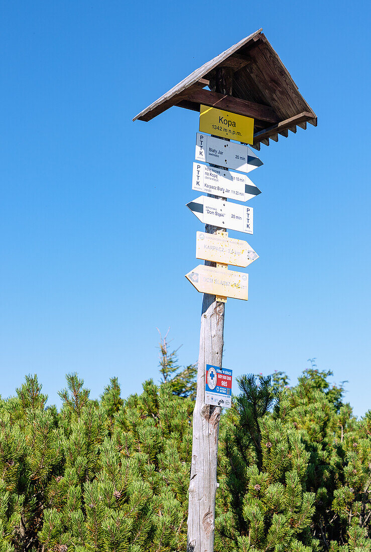 Signpost on the hiking trail to Schneekoppe (Śnieżka; Sniezka) in the Giant Mountains National Park (Karkonoski Park Narodowy) in the Dolnośląskie Voivodeship of Poland